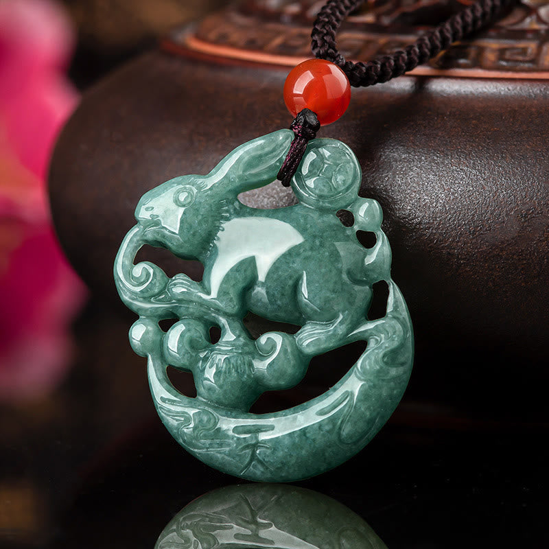 Year of the Rabbit Jade Luck Crescent Moon Necklace Pendant
