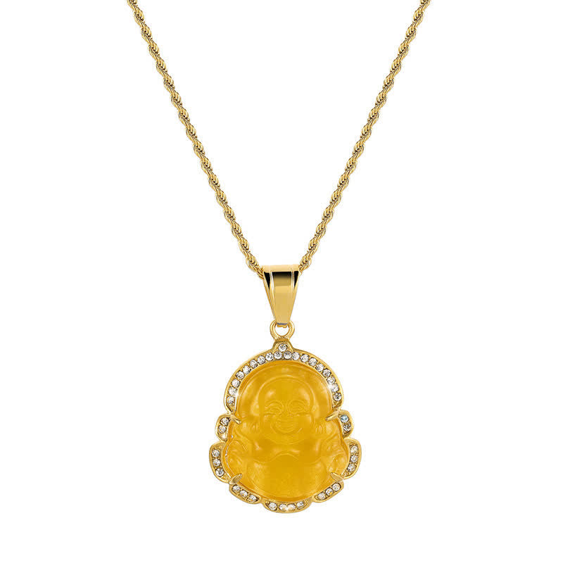 18K Gold Filled Laughing Buddha Jade Luck Necklace Chain Pendant