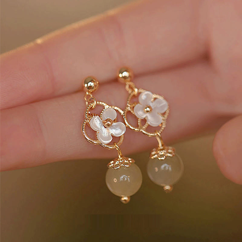 Tridacna Stone Flower Jade Bead Blessing Drop Earrings