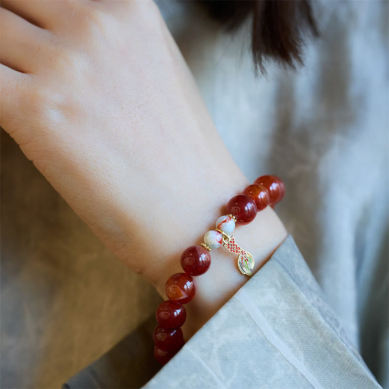 Natural Red Agate Peace Talisman Fu Character Dragon Tail Confidence Charm Bracelet