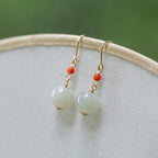 925 Sterling Silver Plated 14k Gold Hetian Jade Red Agate Luck Drop Dangle Earrings