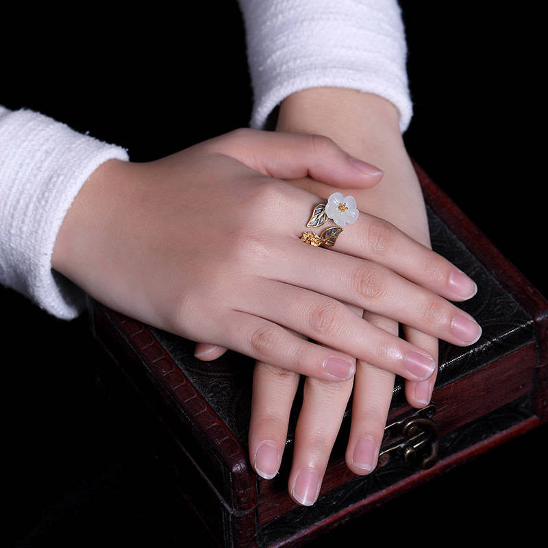 925 Silver Plated Copper White Jade Plum Flower Leaf Luck Ring