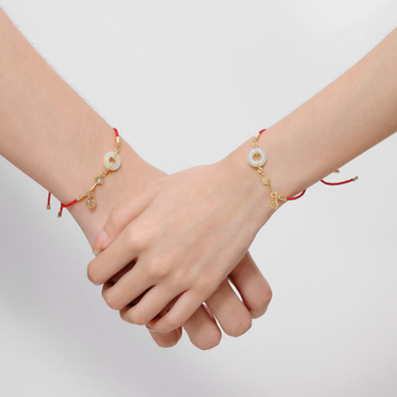 18K Gold Plated Hetian Jade Peace Buckle Fu Character Luck Red Rope Bracelet