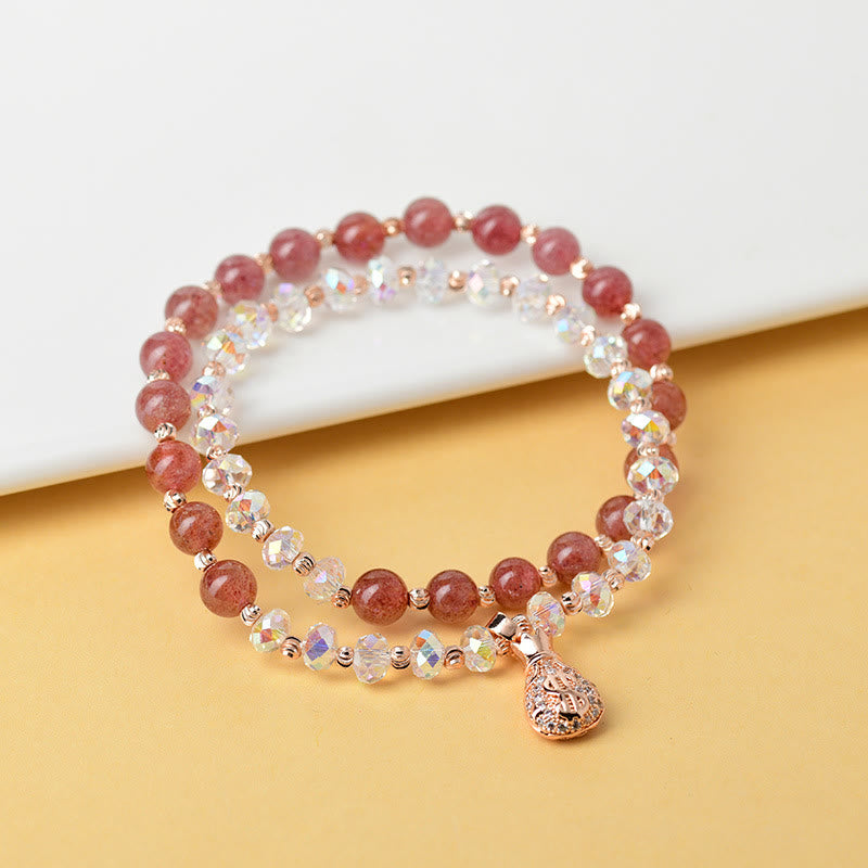 Strawberry Quartz White Crystal Money Bag Charm Positive Bracelet
