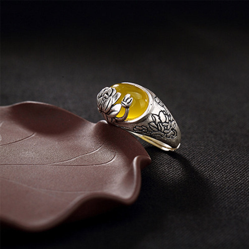 Citrine Lotus Blessing Protection Adjustable Ring