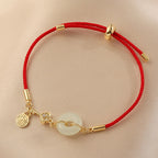 18K Gold Plated Hetian Jade Peace Buckle Fu Character Luck Red Rope Bracelet