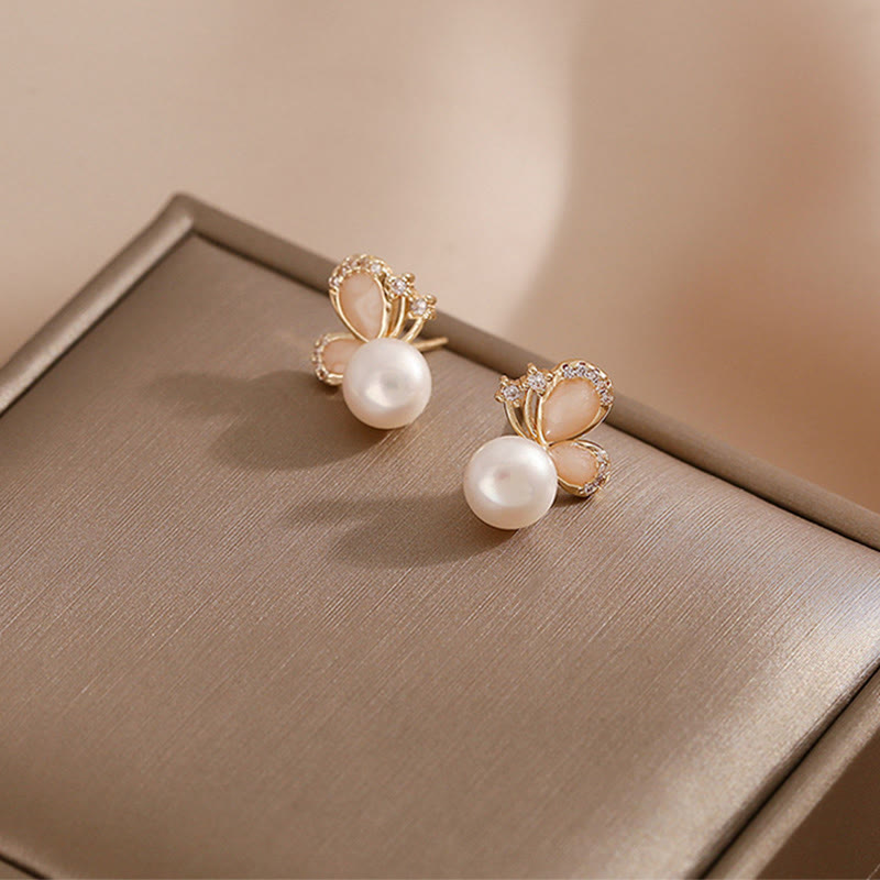 18k Gold Plated Pearl Butterfly Love Freedom Stud Earrings