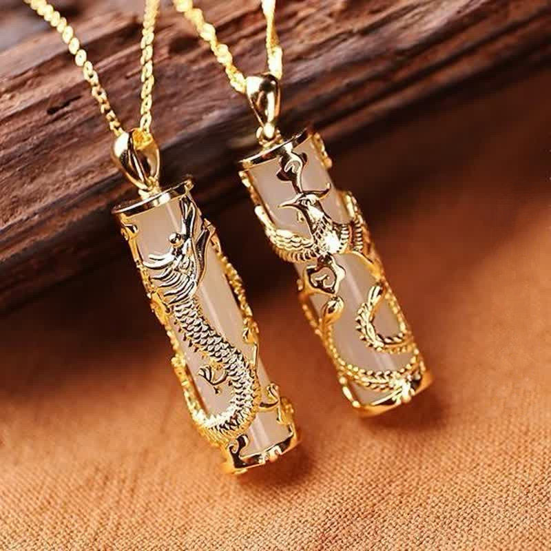 Jade Dragon Phoenix Copper Blessing Harmony Necklace Pendant