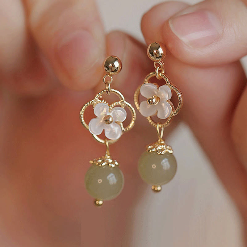 Tridacna Stone Flower Jade Bead Blessing Drop Earrings