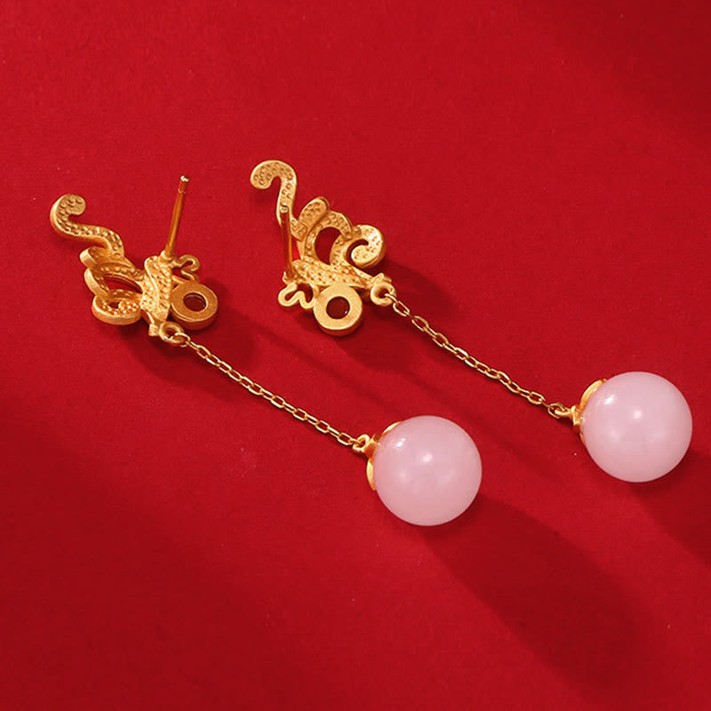 Vintage White Jade Red Agate Bead Blessing Drop Dangle Earrings