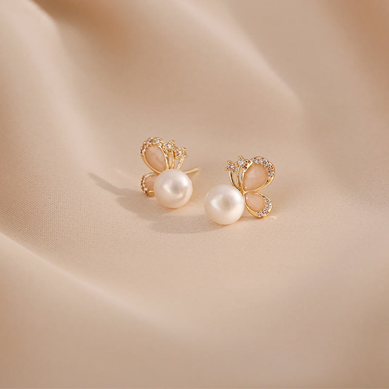 18k Gold Plated Pearl Butterfly Love Freedom Stud Earrings