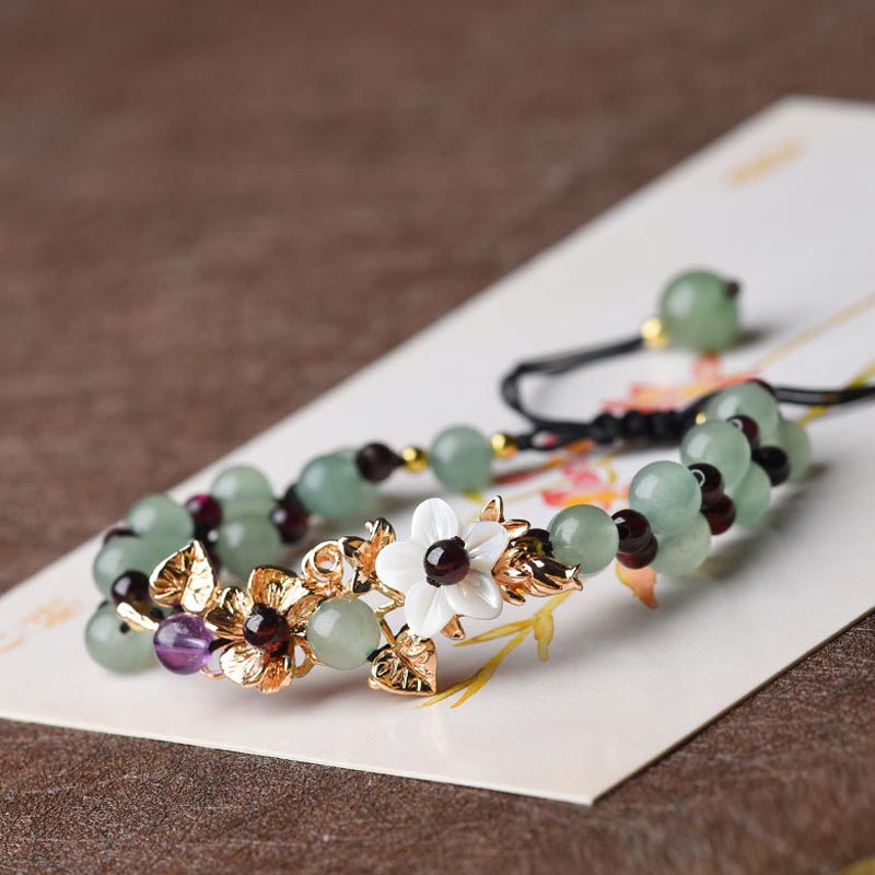 Green Aventurine Garnet Bead Flower Petal Luck Bracelet