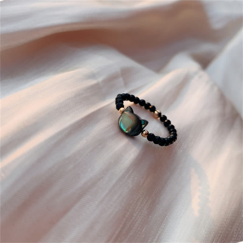 Natural Tridacna Stone Lovely Cat 14K Gold Plated Blessing Ring