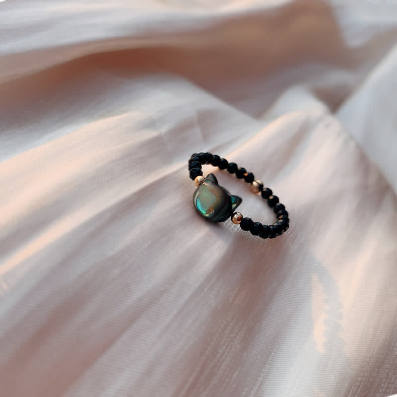 Natural Tridacna Stone Lovely Cat 14K Gold Plated Blessing Ring