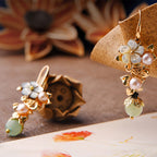14K Gold Plated Tridacna Stone Flower Pearl Green Aventurine Bead Drop Earrings