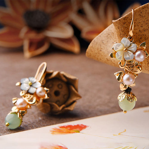 14K Gold Plated Tridacna Stone Flower Pearl Green Aventurine Bead Drop Earrings